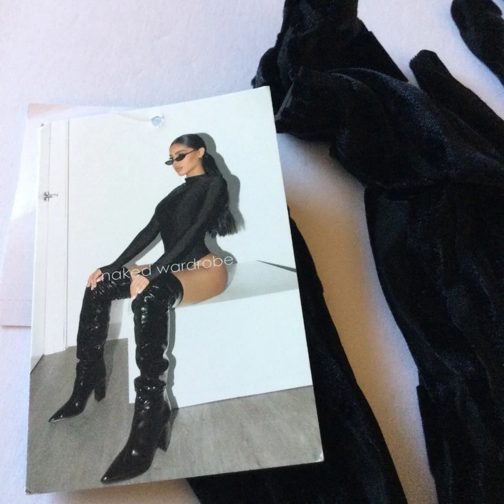 NAKED WARDROBE OH SO WILD LONG TIGER PRINT VELVET GLOVES BLACK OS NWT